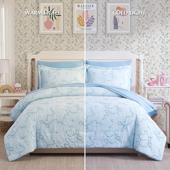 Geniospin Light Blue Full Comforter Set for Girls- 7 Pieces Bowknot Jacquard Bed in A Bag Full Bedding Sets with Sheets, Pillowcases & Shams, All Season Kids Comforter Set