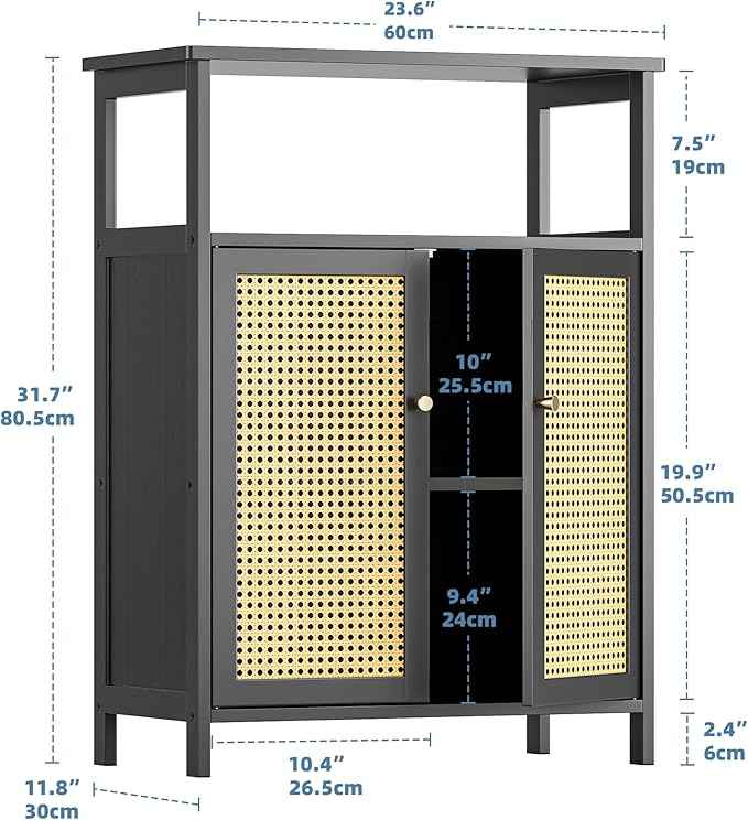 HITNET Bamboo Floor Cabinet, Bathroom Storage Cabinet with 2 Rattan Doors and Shelves, Space Saving Freestanding Kitchen Cupboard, Black
