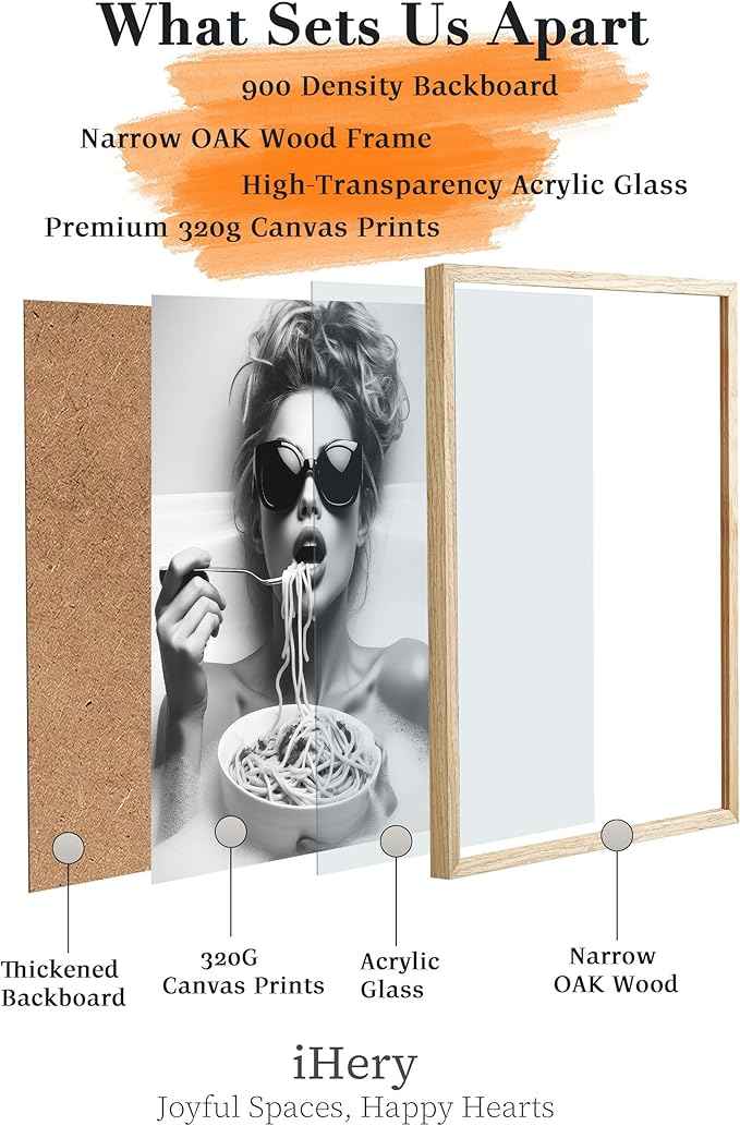 iHery Natural OAK Wood Framed Wall Art, 12x16in Woman Wearing Sunglasses Eating Pasta in Bath Canvas Wall Decor, Funny Black and White Bathroom Wall Decor, Kitchen Room Print Set of 1