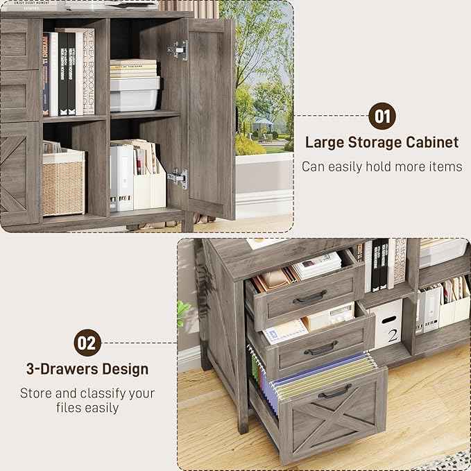 Vabches Lateral File Cabinet, Farmhouse 3 Drawer File Cabinet with Open Storage Shelf for Letter/Legal/A4 Size Hanging Files, Large Wood Storage Cabinets Printer Stand for Home Office, Grey