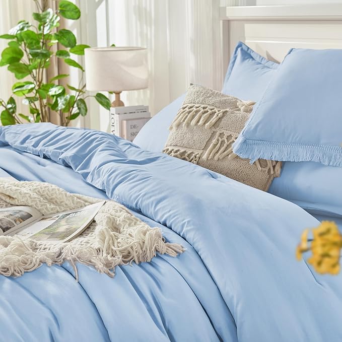 Andency King Size Comforter Set with Sheets Light Blue - 7 Pieces Bed in a Bag Boho Soft Lightweight Bedding Sets, Tassel Bed Set with Comforter, Sheets, Pillowcases & Shams
