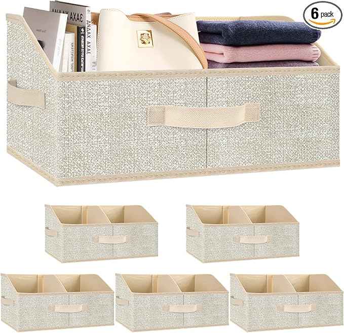 Closet Storage Bins 6 Pack, Large Closet Organizer Baskets with Divider & Handles,Trapezoid Fabric Shelf Organizers, Collapsible Storage Cubes for Clothes, Towels, Toys - Beige