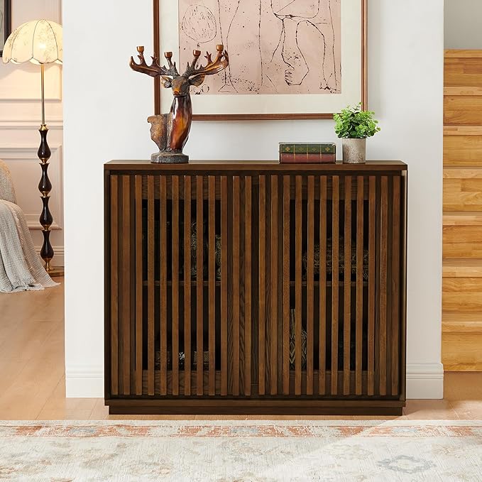 KEIKI 39" Mid Century Modern Fluted Hollowed Out Sideboard Cabinet with 2 Outlet Holes, Buffet Cabinet with Storage, Storage Cabinet for Living Room, Entryway, Hallway, Dining Room, Kitchen, Walnut