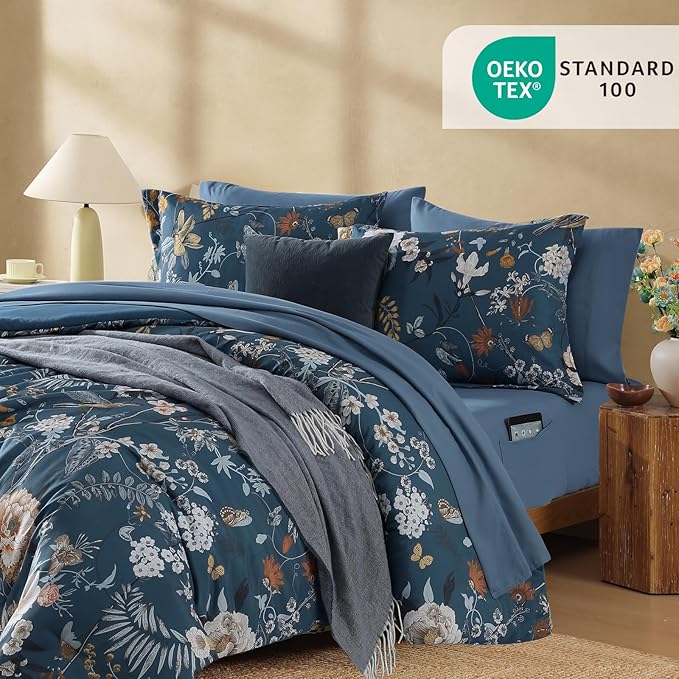 CASAAGUSTO Queen Comforter Set - 7 Pieces Blue Floral Bedding Sets, Queen Bed in a Bag with Botanical Butterfly Comforter, Sheets, Pillowcases & Shams for All Seasons