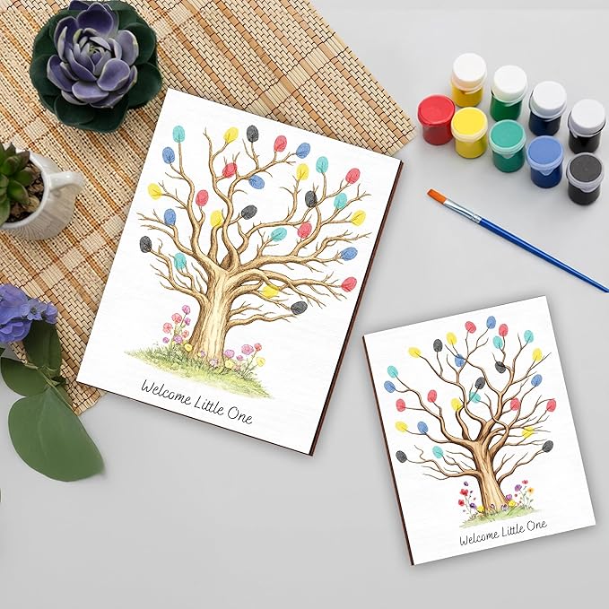 Personalized Fingerprint Art Tree Sign, Baby Shower Guest Books with Paint, Family Craft Keepsake Gift Ideas for Expecting Parents, Gender Reveal Party Decorations, Thumbprint Hanging Painting