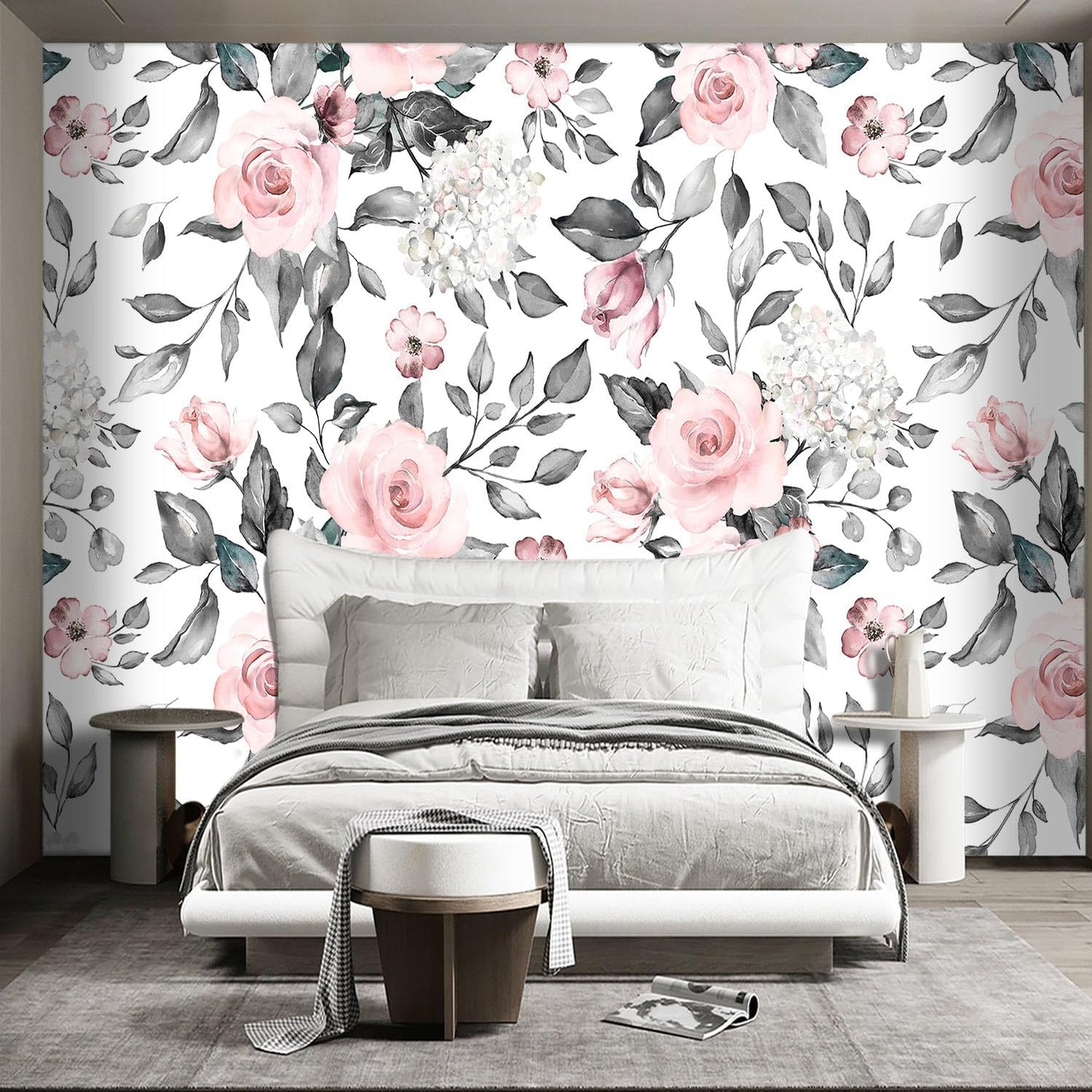 Grey Leaf Pink Flowers Mural Bedroom Floral Wallpaper Room Decor Living Room tv Background Large Wall Mural - 183"x120" (Not Peel and Stick)