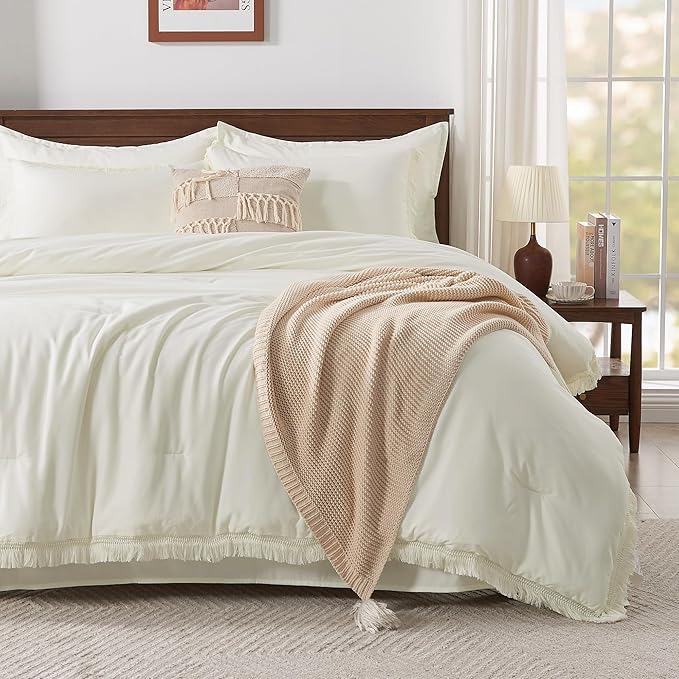 Andency Ivory Full Size Comforter Set with Sheets - 7 Pieces Boho Tassel Bed in a Bag Soft Lightweight Bedding Sets, Ivory Fringe Bed Set with Comforter, Sheets, Pillowcases & Shams