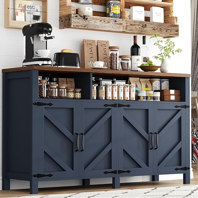 Buffet Sideboard with Storage Farmhouse with 4 Doors, 55'' Large Kitchen Storage Cabinet Wood Coffee Bar Buffet Table for Kitchen, Dining Room (Blue, 55 in)