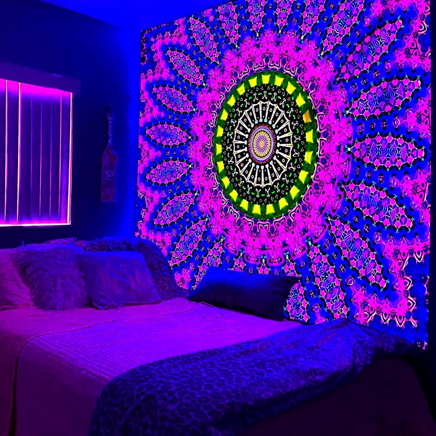 Blacklight Mandala Tapestry for Bedroom, Medium Black Light Posters for Adults and Teens, Red UV Reactive Aesthetic Bohemian Wall Art Decor (60 x 50 Inches)