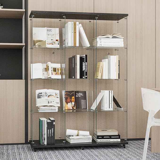 Beauty4U Glass Display Cabinet with 12 Shelves, Extra Large 3 Columns 2 Doors Curio Cabinets for Living Room, Bedroom, Office, Black Floor Standing DIY Glass Bookshelf, Quick Installation