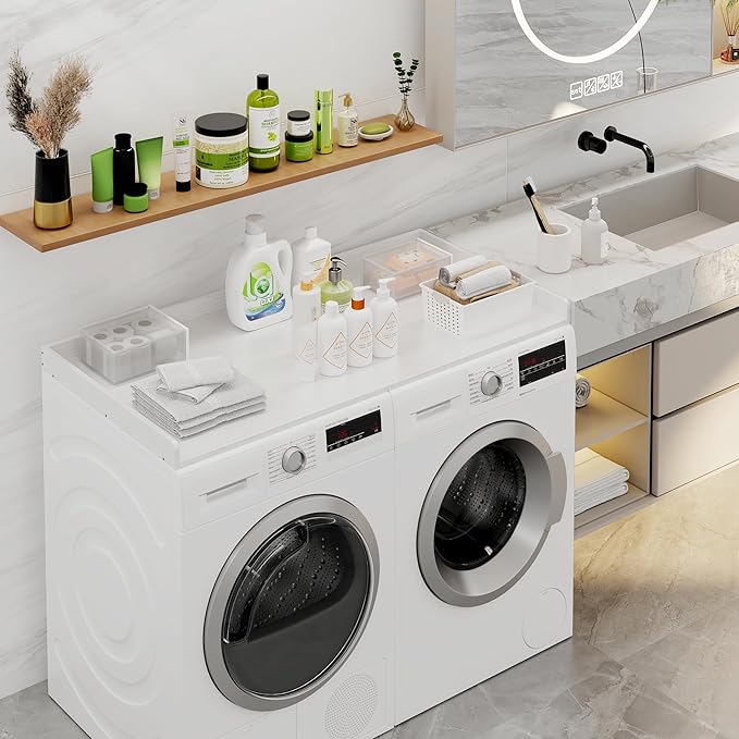efluky Washer Dryer Countertop, Wood Countertop with Edge Rails for Laundry Room Organization and Storage, Washer Dryer Topper for Laundry Room, 27.5" x 54" White