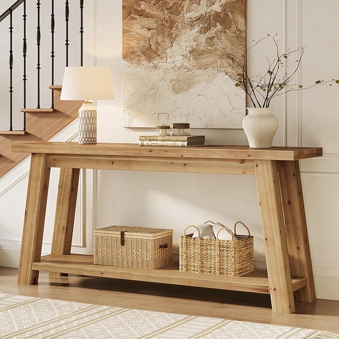 LITTLE TREE 70.9" Solid Wood Console Table for Entryway, 2-Tier Sofa Table Behind Couch, Farmhouse Entryway Table for Living Room, Bedroom, Foyer