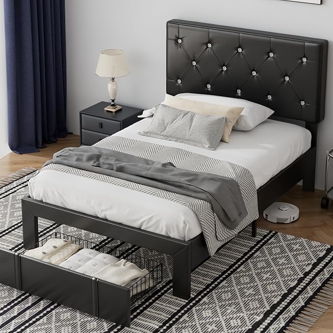 VECELO Twin Size Bed Frame with Storage Drawers, Leather Upholstered Bedframe with Diamond Tufted Headboard, Solid Wood Slat Support, No Box Spring Needed, PU Black