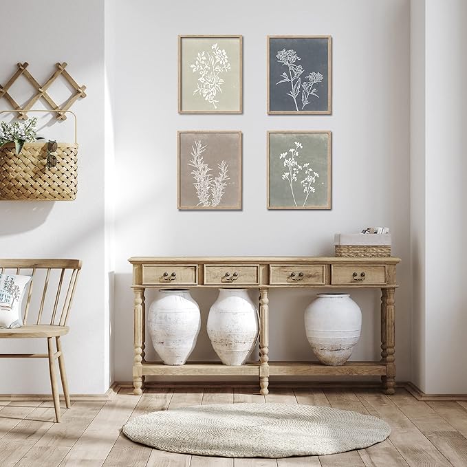 Framed Boho Wall Art Set of 4 for Wooded Minimalist Botanical Print Wall Art for Rustic Vintage Farmhouse Home Kitchen Wall Decor (Brown, 11x14)