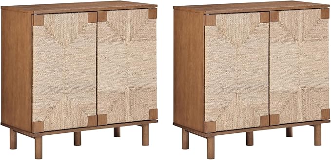 Nathan James Beacon Boho Accent Cabinet with Doors, TV Stand with Adjustable Interior Shelf and Seagrass Accent, Dark Brown, Set of 2