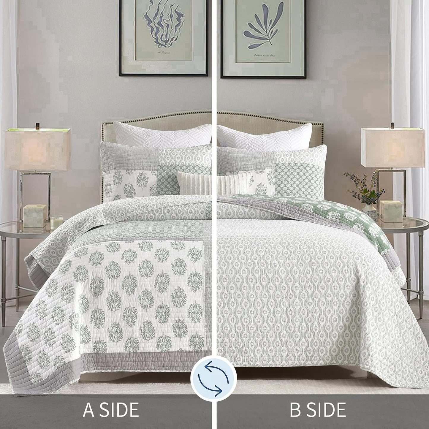 PANGUSHAN Quilt Set Queen Size, 100% Cotton Bedspread Quilt Bedding Set, Patchwork Reversible Floral Quilt for Queen Bed, Greyish-Green Bed Spread, Lightweight Comforter for All Season, 3 Pieces