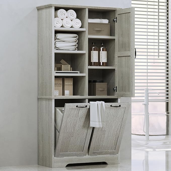 68" Tall Bathroom Storage Cabinet with Two Doors and Two Laundry Hampers for Home Display Organizer, Adjustable Shelf, Oak