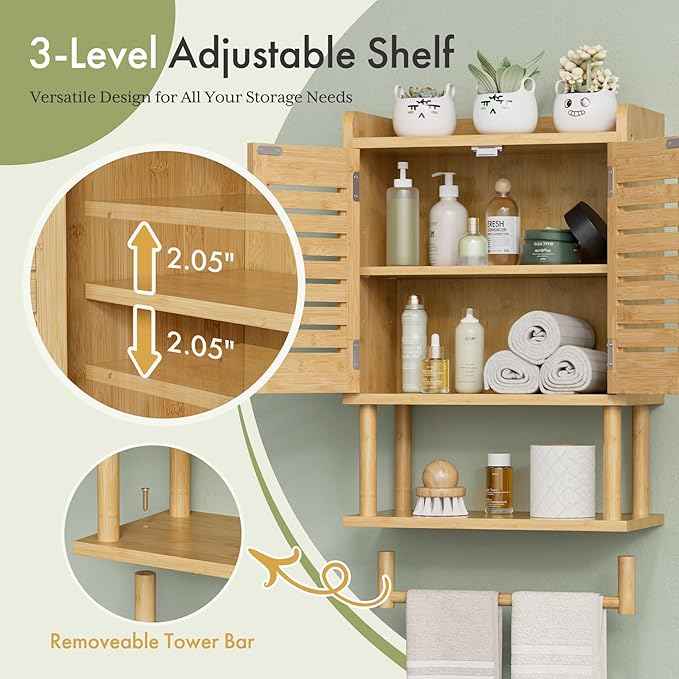 AmazerBath Bathroom Wall Cabinet, Bamboo Over The Toilet Storage Cabinet, Hanging Medicine Cabinets with Towel Bar, Wall Mounted Storage Shelf with Adjustable Shelves for Small Spaces