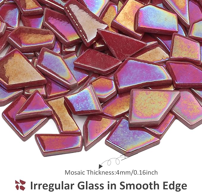 Youway Style Iridescent Glass Mosaic Tiles for Crafts Bulk,200g Red Broken Mosaic Glass Pieces for Garden Crafts Kits,DIY Mosaic Art Decor