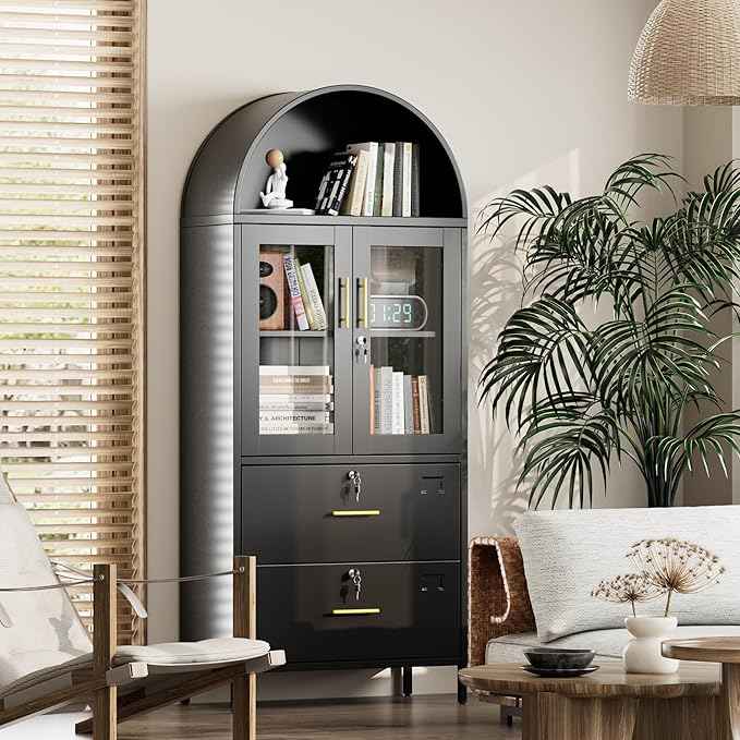 Tall Black Arched Bookcase, Metal Arched Bookshelf with 2 File Drawers and Locking Glass Doors,Assemble Required