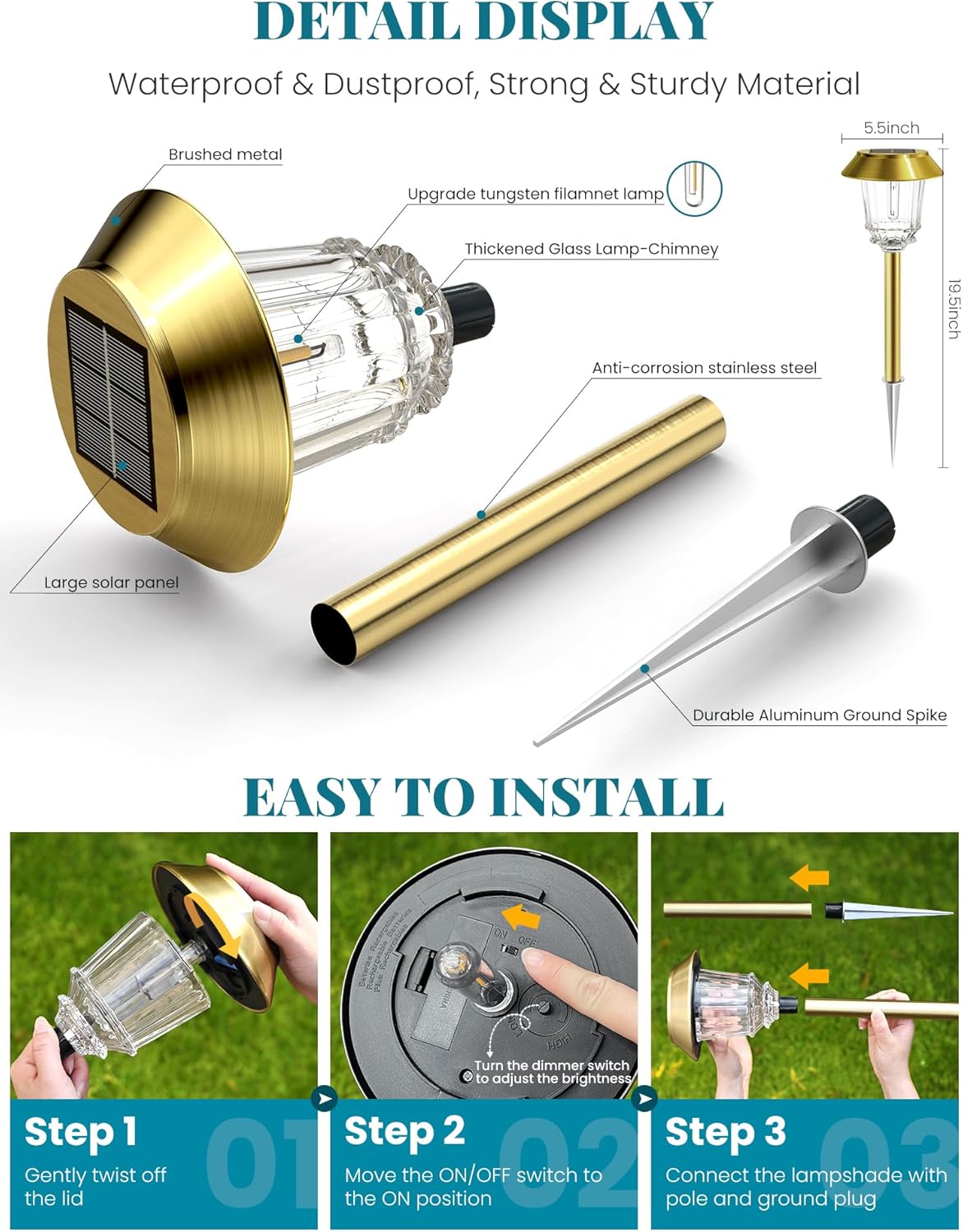 Solar Lights Outdoor Waterproof,4 Pack Gold Pathway Lights with 10-40 LM Dimmable Glass and Metal, Solar Powered Garden Decor for Yard,Patio,Pathway,Driveway Fall Decoration(Warm White)