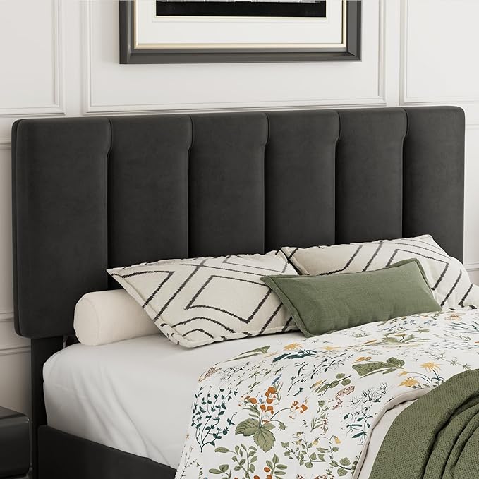 VECELO Full Bed Frame with Upholstered Headboard, Heavy-Duty Platform Bedframe with Strong Wooden Slats Support, No Boxing Spring Needed, Velvet & Black