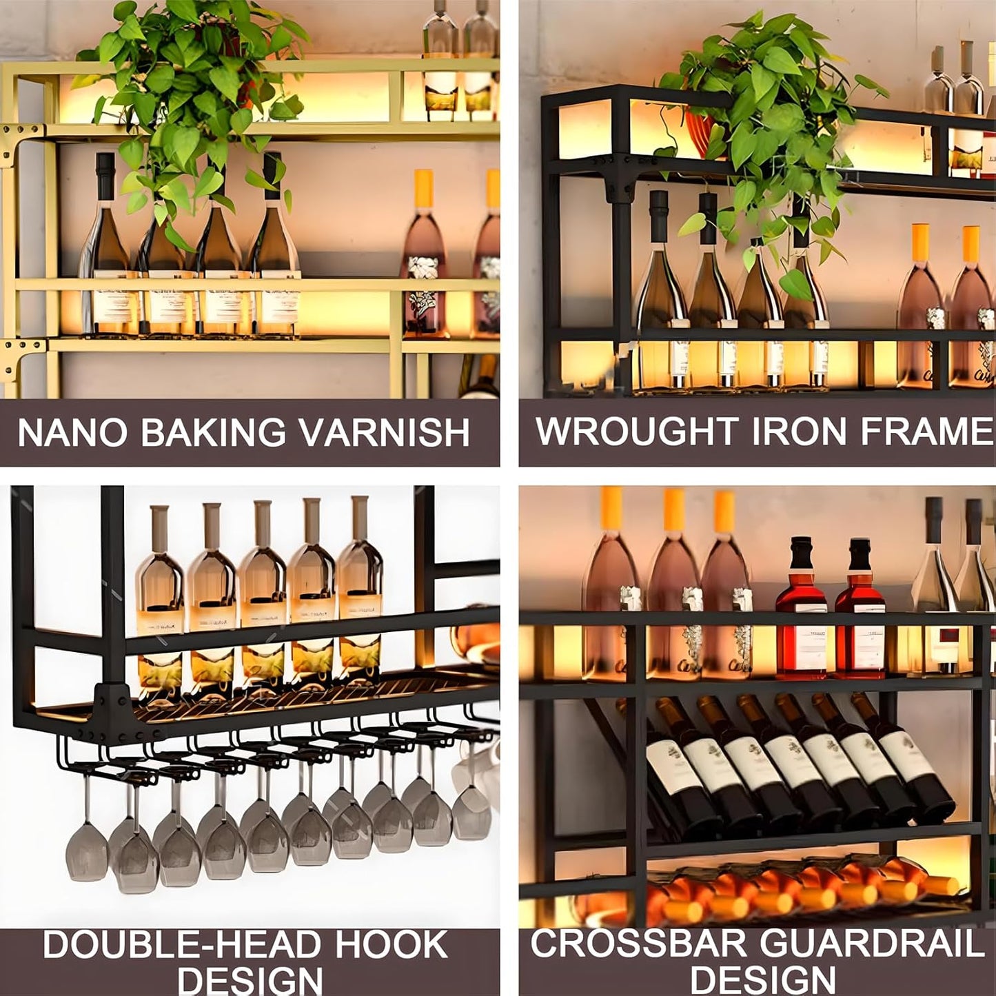 47.2in Wall Mounted Wine Rack, Wine Rack Wall Mounted With Wine Glass Rack, Metal Bar Bottle Display Shelf Wine Cups Hanging Holder, For Home Bar Cafe Dining Room Decoration (BLACK, 47.2*10*35.5inch)