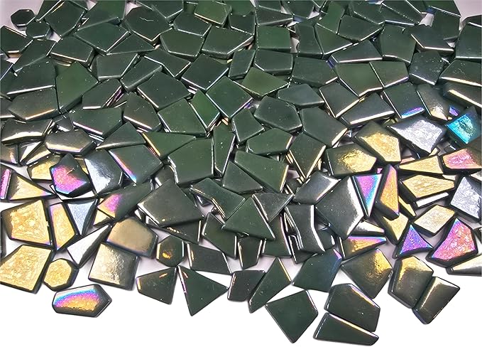 Irregular Glass Mosaic Tiles Bulk 500g Glossy and Iridescent Mosaic Glass Tiles for DIY Projects and Arts and Crafts Solid Colors and Mixes (Iridescent Army Green)