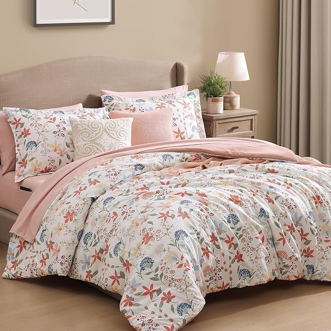 CASAAGUSTO King Comforter Set, 7 PCS Clay Pink Floral Comforter Set with Flowers Leaves Pattern, Soft Seersucker Design All Season King Size Bedding Set(102"X90")