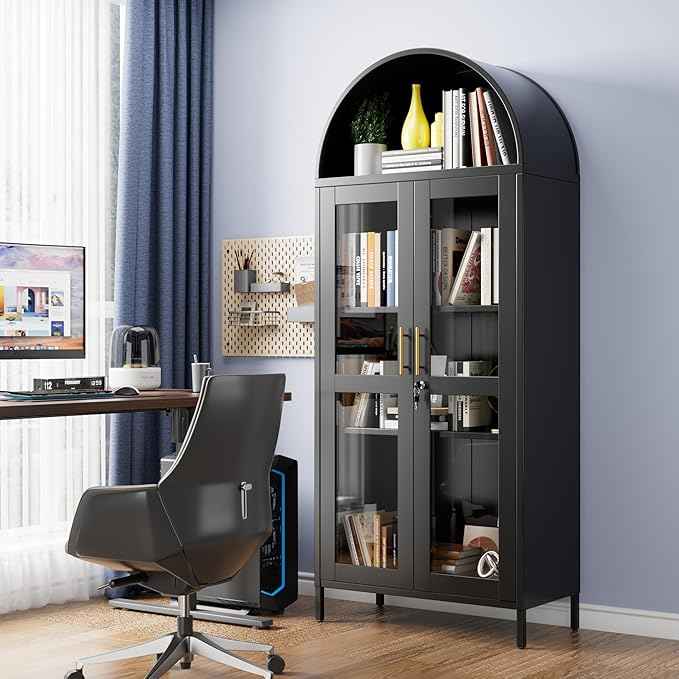 Metal Arched Cabinet with Lock,Arched Display Cabinet with Glass Doors and Shelves,Kitchen Pantry Cabinet for Dining Room, Home,Assembly Required (Black)