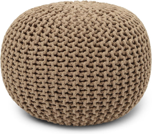 REDEARTH Round Pouf Ottoman - Hand Knitted Cable Boho Poof Home Décor Pouffe Circular Footrest for Living Room - Bedroom - Lounge - 100% Cotton (19.5"x19.5"x14") - Beige