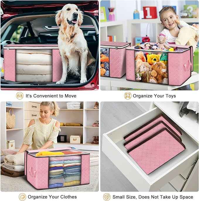 Budding Joy 90L Large Storage Bags, 4 Pack Clothes Storage Bins Foldable Closet Organizer Storage Containers Storage and Organization for Clothes, Blanket, Pillows and Toys (Pink)