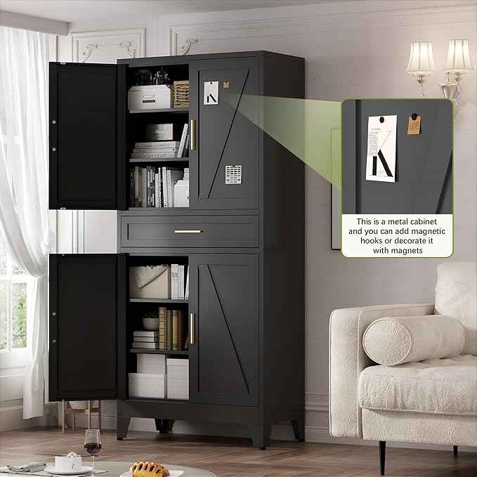 COFaR 71" Tall Metal Storage Cabinet with 4 Doors and 4 Adjustable Shelves, 6-Tier Farmhouse Storage Cabinet with Drawers and Legs, for Office, Home, Garage, Gym, School, Living Room, Hallway（Black）