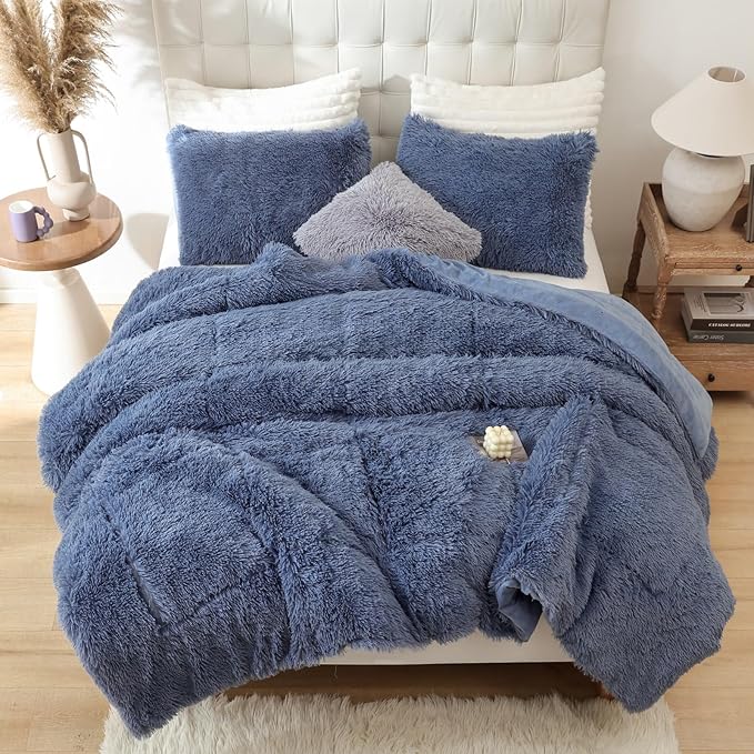 Smoofy Fluffy Full Size Comforter Set, Faux Fur Comforter Set, Luxury Fuzzy Bedding Set, Soft Shaggy Full Bed Set for All Season, 3 Pieces - 1 Comforter & 2 Pillowcases, Infinite Blue