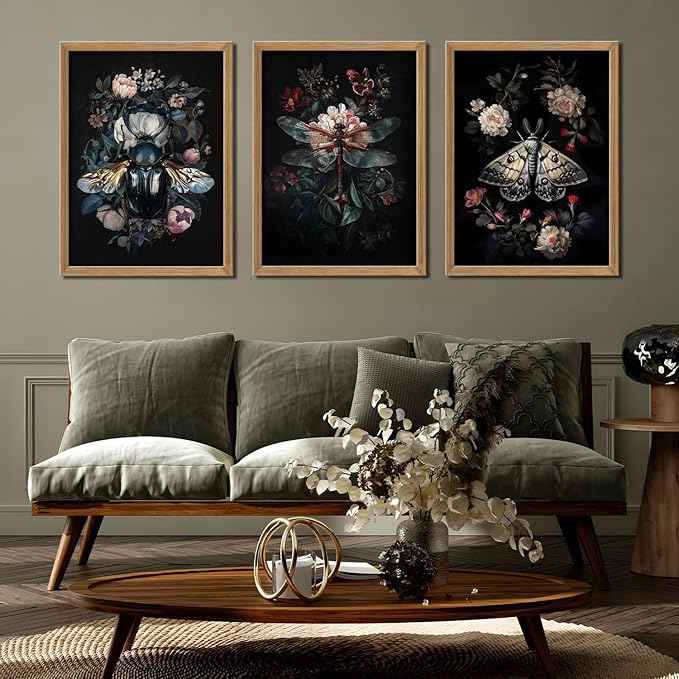 Dark Botanical Insect Canvas Wall Art Gothic Insect And Botanical Posters Prints Dark Academia Moody Floral Cottagecore Art Painting Vintage Dragonfly Beetle Moth Pictures Wall Decor Framed