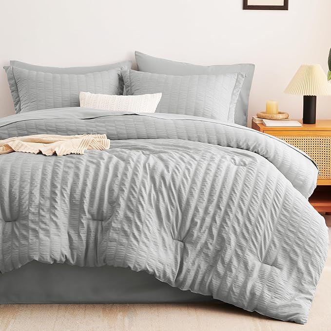 CozyLux Oversized King Comforter Set Light Grey Seersucker 7 Pieces Bed in a Bag King Comforter Set with Sheets, Luxury Soft Bedding Set with Down Alternative Comforter, Sheets, Pillowcases & Shams