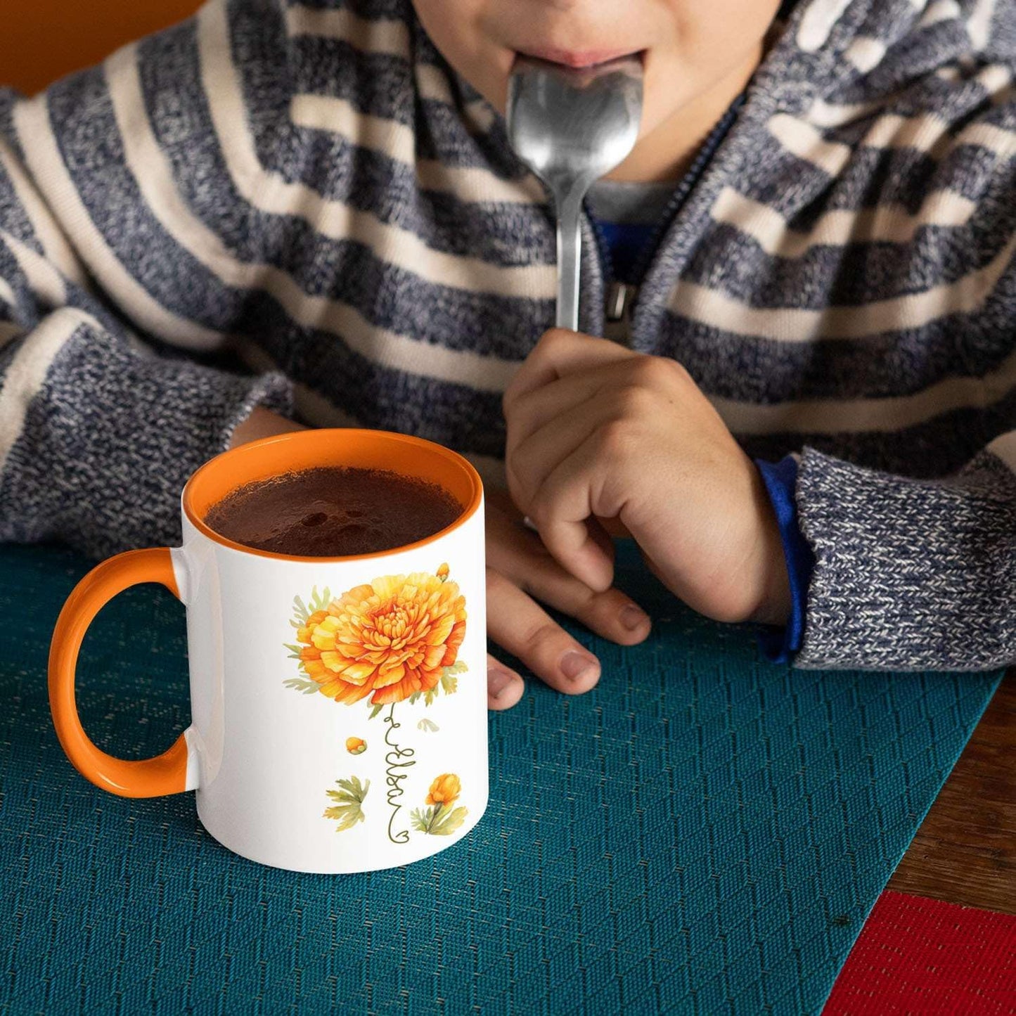 Unique Marigold Themed Ceramic Mug, Personalized Name Flower Accent Cup, Lovely Floral Coffee Mug 11oz 15oz, Custom Ceramic Mug For Flower Lover, Customized Marigold Decorative Cup