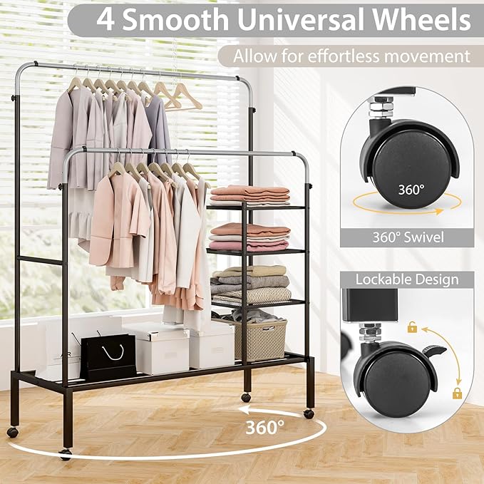Tangkula Rolling Double Rods Garment Rack, Clothes Drying Rack with Height Adjustable Hanging Bars, Storage Shelves & Lockable Wheels, Heavy-duty Steel Clothing Rack for Indoor & Outdoor Use (Silver)