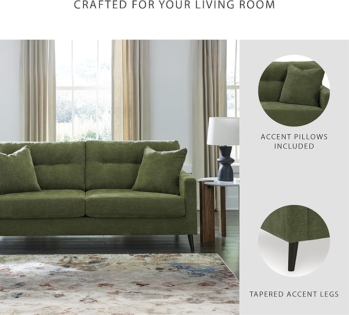 Signature Design by Ashley Bixler Mid-Century Modern Tufted Sofa with 2 Toss Pillows, Green