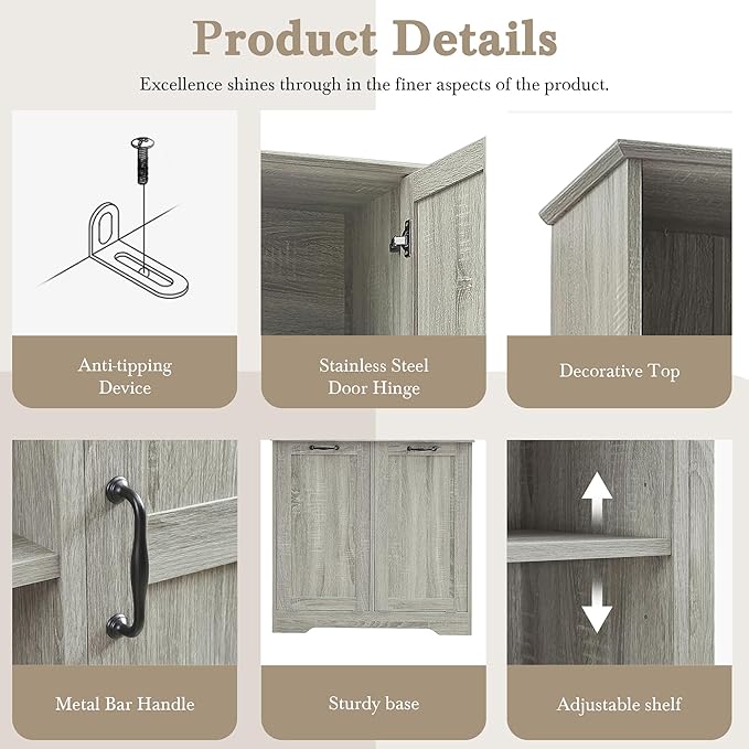 68" Tall Bathroom Storage Cabinet with Two Doors and Two Laundry Hampers for Home Display Organizer, Adjustable Shelf, Oak