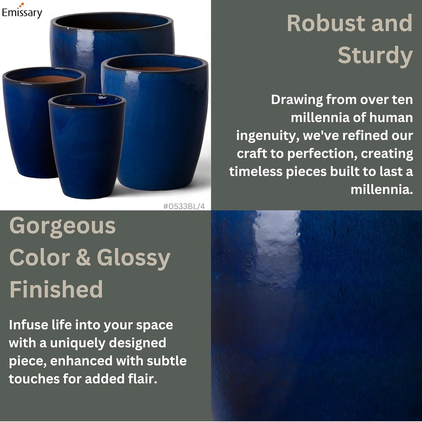 Emissary Bullet 18 in. Blue Ceramic Round Planter (18 in. L x 18 in. W x 21 in. H) with Drainage Hole