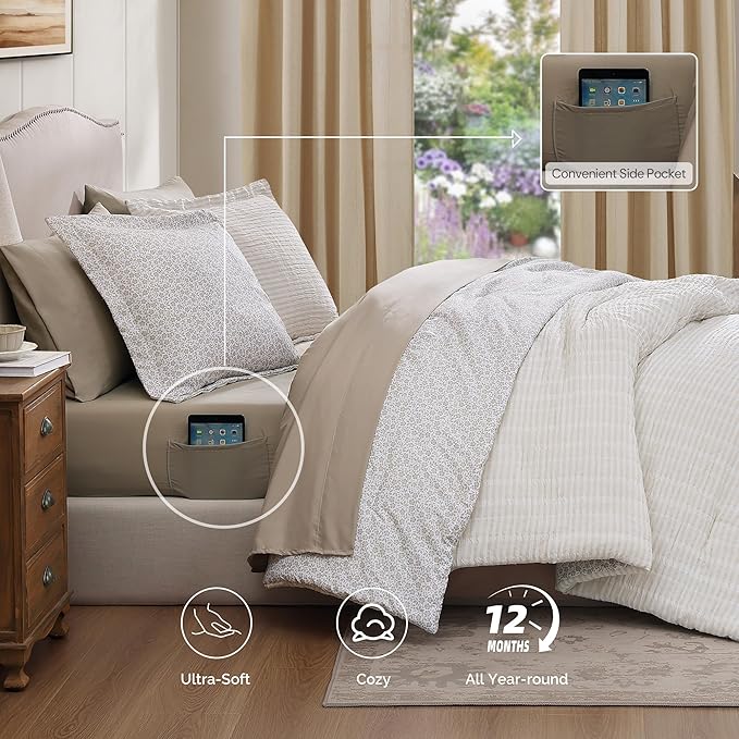 Queen Comforter Set - 7 Pieces Beige Gauze Muslin Bedding Sets for All Seasons, Lightweight Breathable Bed in a Bag Queen with Revesible Farmhouse Comforter, Sheets, Pillowcases & Shams