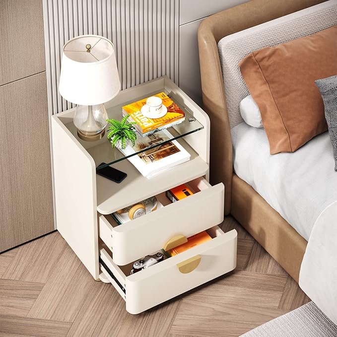 Nightstand with 2 Drawers, Modern Night Stand with Open Storage Space, Wood Bed Side Table for Bedroom, Tempered Glasses Beige End Table with Gold Round Metal Legs for Living Room, Easy Assembly