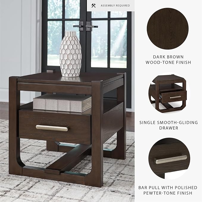 Signature Design by Ashley Breckington Modern End Table with 1 Drawer, Open Shelf and Trestle Base, Dark Brown