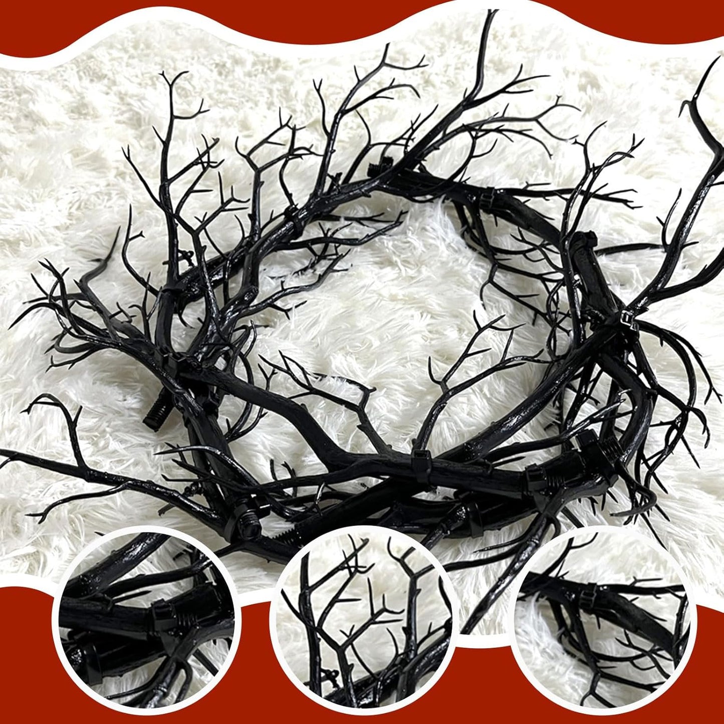 Halloween Black Branch Wreath Signs for Front Door with Red Lights,Handcrafted Halloween Horror Wreath for Indoor Outdoor Party Window Wall Decor Farmhouse Garland Yard