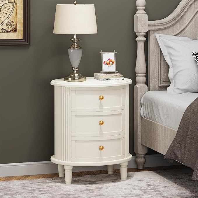 LITTLE TREE No Assembly Nightstand with 3 Drawers, Farmhouse Off-White Bedside Table for Bedroom, All Wooden Oval Nightstand with Storage