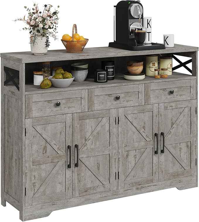 Farmhouse Buffet Cabinet with Drawers & Barn Doors, Sideboard with Storage, Kitchen Pantry Cabinet Hutch, Coffee Bar Station for Kitchen, Livingroom, 52" L, Washed Grey