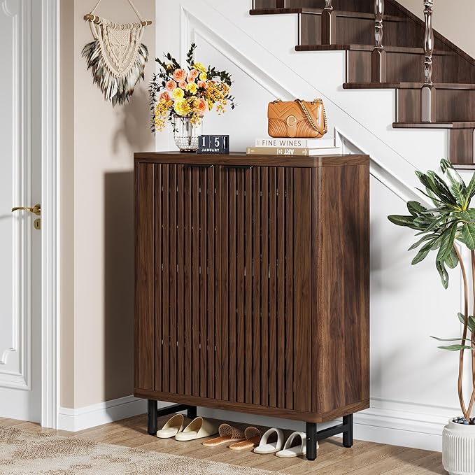 Tribesigns 6-Tier Shoe Cabinet with Shutter Doors, Large Wooden Shoe Organizer Rack with Adjustable Shelves, Modern Farmhouse Hidden Storage Furniture for Entryway, Hallway (Dark Walnut)