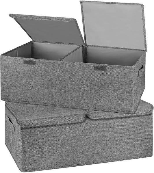 2 Pack Storage Boxes with Lids and Handles, Collapsible Linen Storage Bins Organizer Containers Baskets Cube with Removable Divider for Home Bedroom Closet Office (Grey, Small)