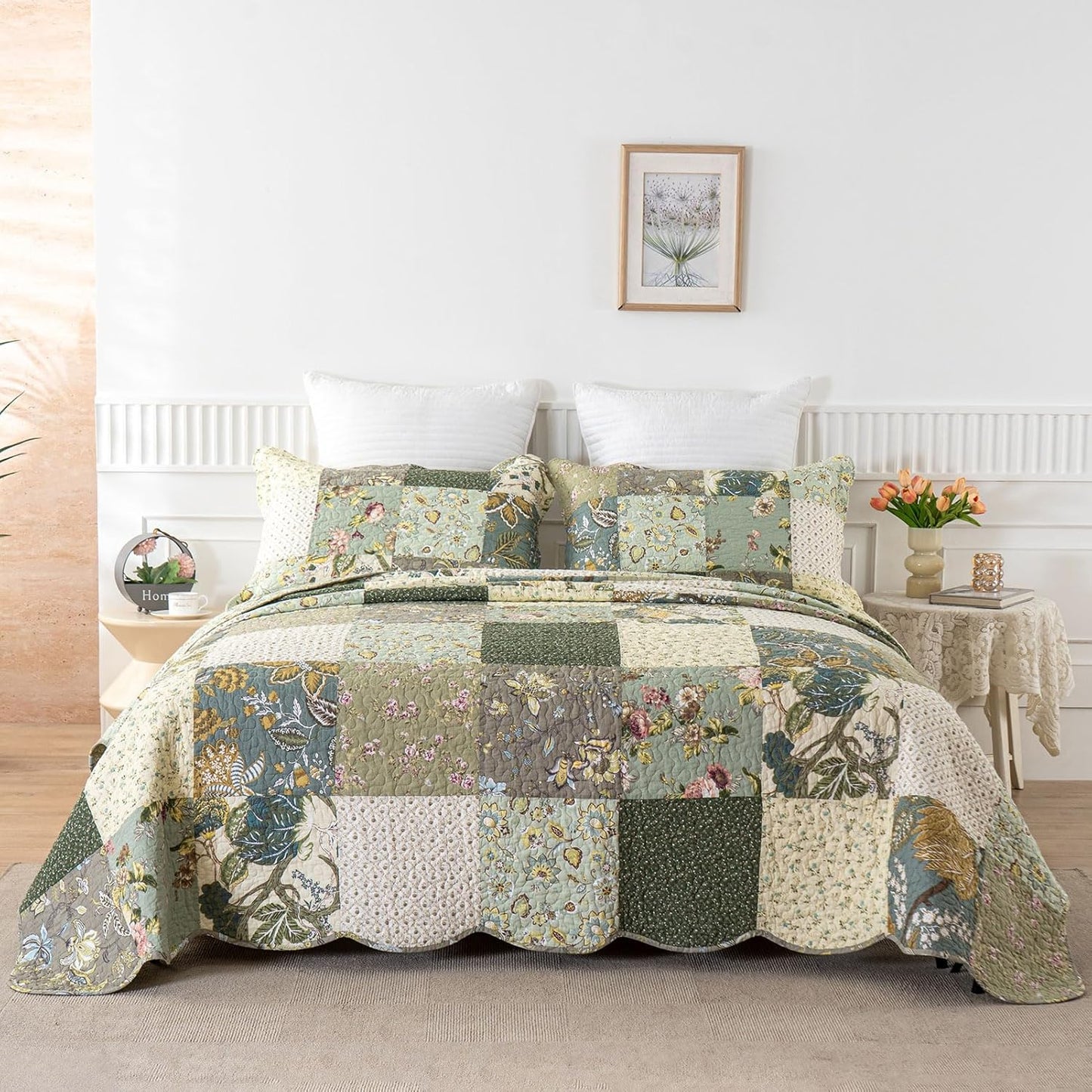 YAYIDAY Oversized Queen Quilt Set Patchwork Bedspread (110x118 Inch) - 100% Cotton Reversible Breathable Floral Quilted Coverlet with Pillow Shams Fit All Season